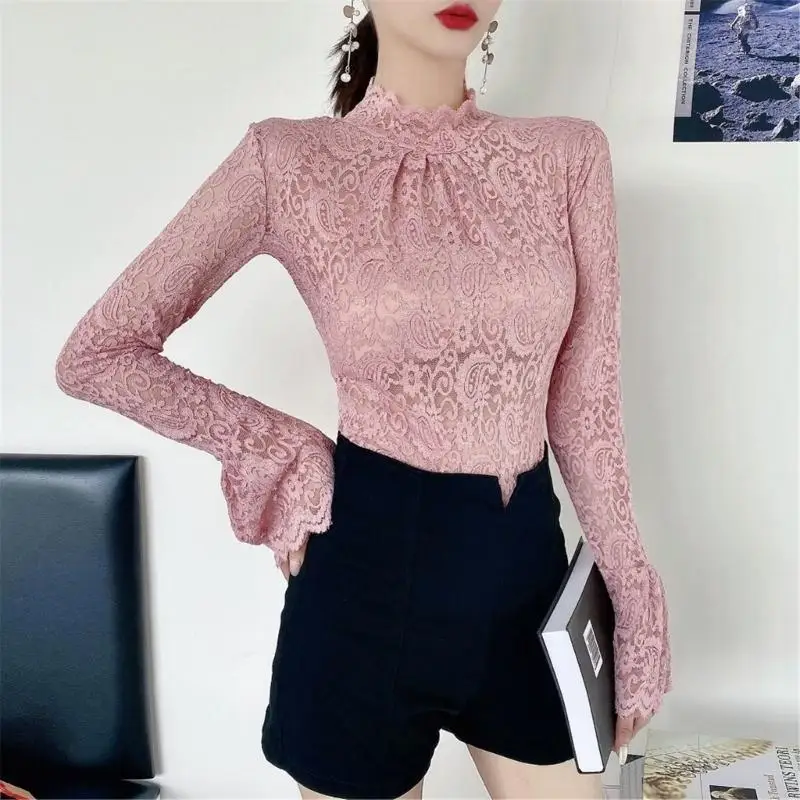

Women's Lace Pullover Tops Autumn Winter Bottoming Shirt Tops Turtleneck T-shirt 6XDA