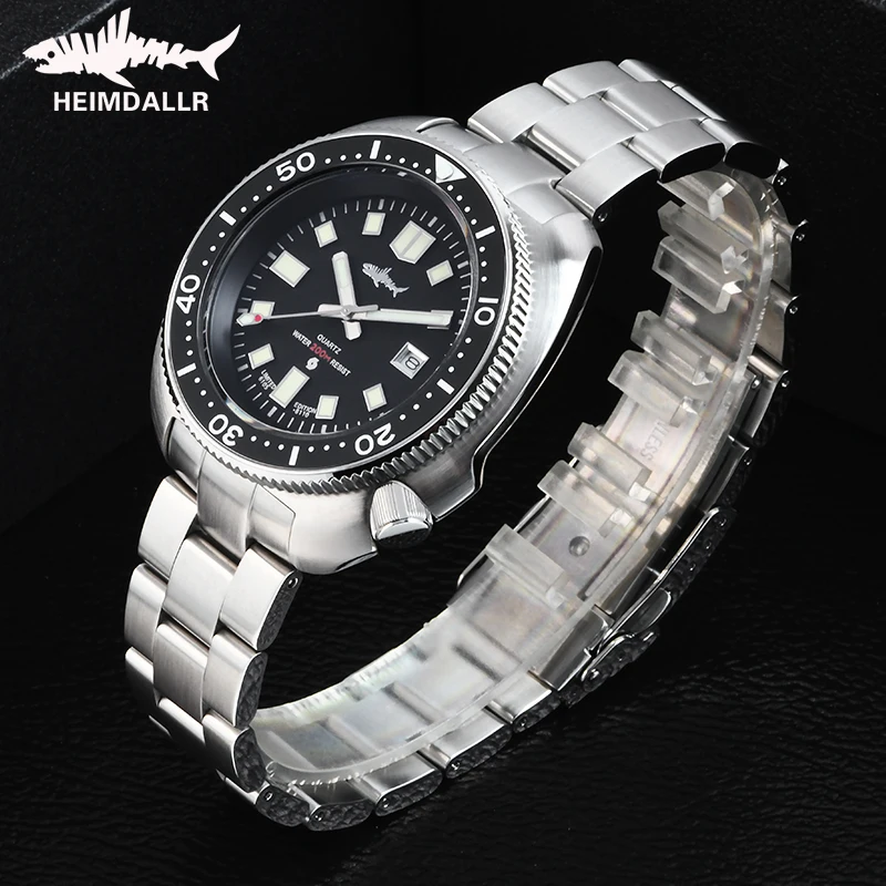 HEIMDALLR Mens Quartz Diver Watch 44mm Turtle 6105 200M Waterproof Sapphire Crystal Ceramic Bezel C3 Super Lume 316L Steel Scuba