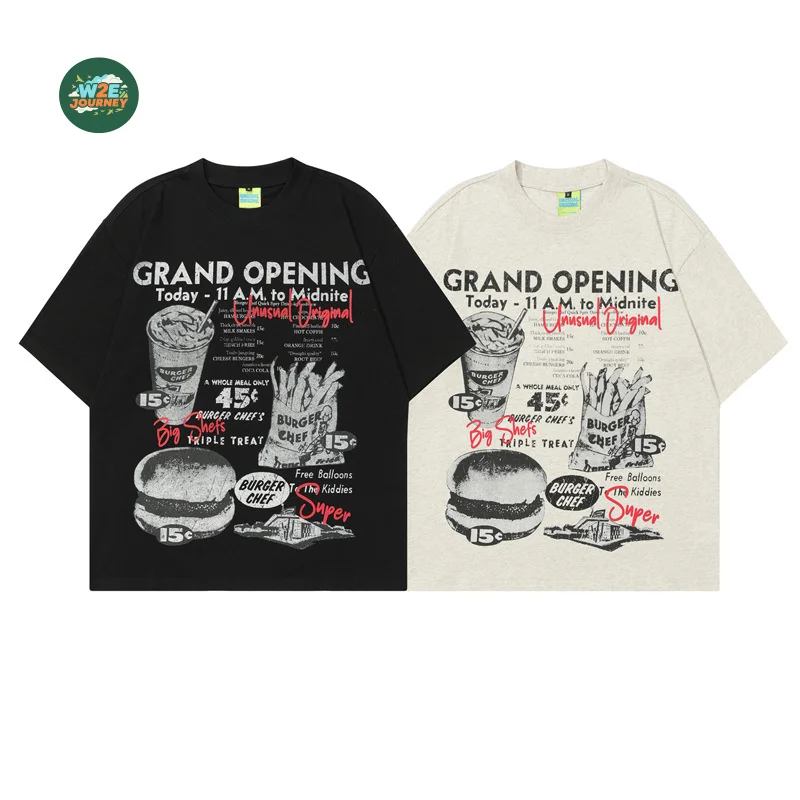 HELLOMARCEL EU US Size Luxury Quality Casual T-Shirt Street Wear Retro Burger French Fries Print Short Sleeve Men T-Shirt
