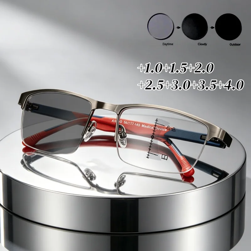 Men's Business Progressive Photochromic Multifocal Anti-blue Light Presbyopia Glasses Women's Durable Hinge Eyewear +1.0 To +4.0