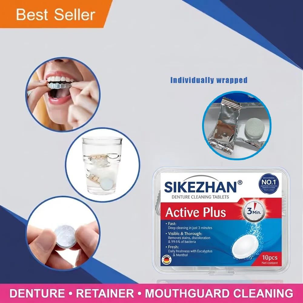 10pcs Denture Cleaning Tablets Individually Wrapped Effervescent Cleaner for Retainer Mouth Guard Stain Odor Removal Tablet Care