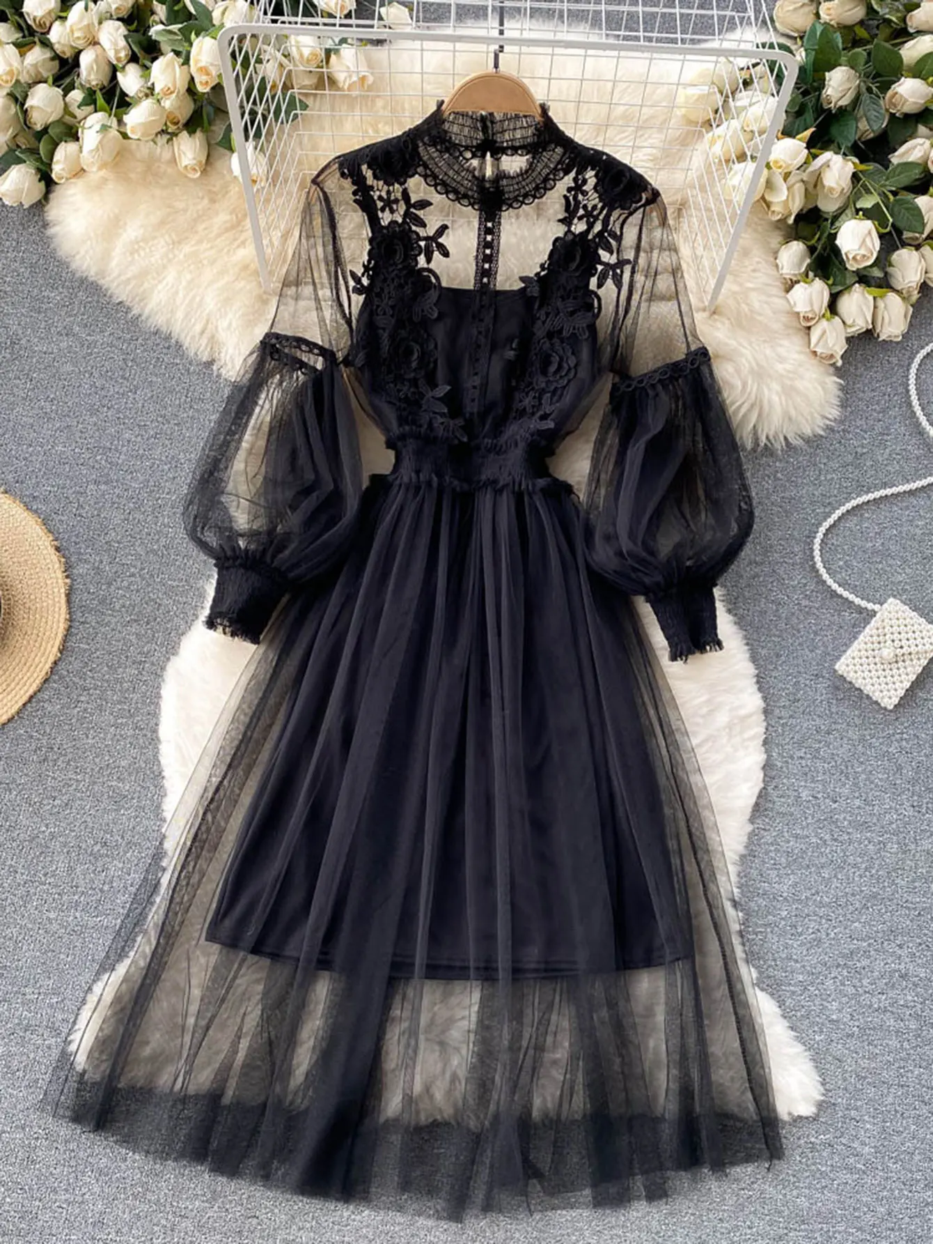 Women's Long Sleeve Crew Neck Midi Dress Autumn Winter Fashion Sheer Solid Color A-Line Vacation Dress