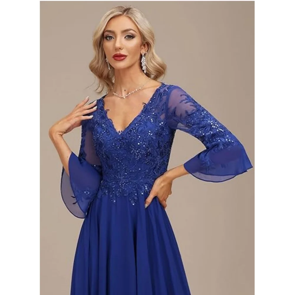 Women's V Neck 3/4 Sleeve Mother of The Bride Dresses Lace Chiffon A-Line Formal Evening Gowns Floor Length