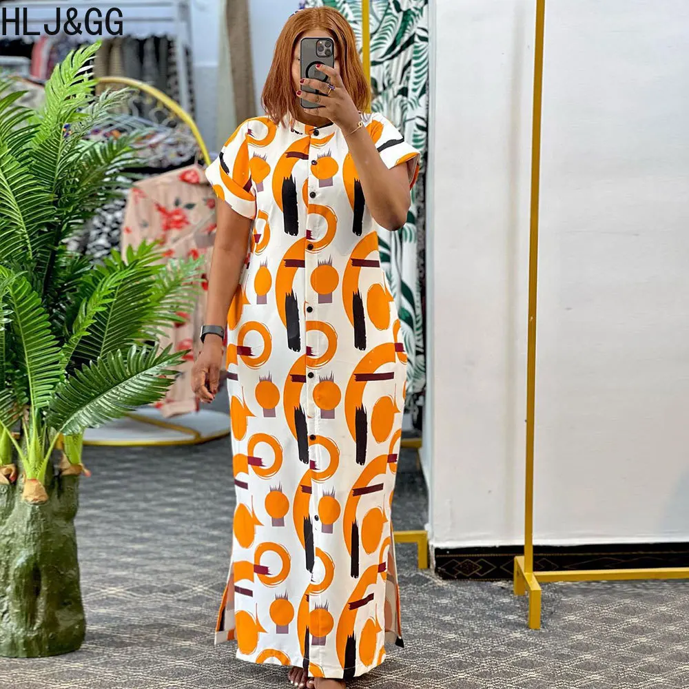 

HLJ&GG Orange Casual Print Button Straight Slit Shirt Dresses Women Round Neck Short Sleeve Maxi Dress Spring Female OL Vestidos