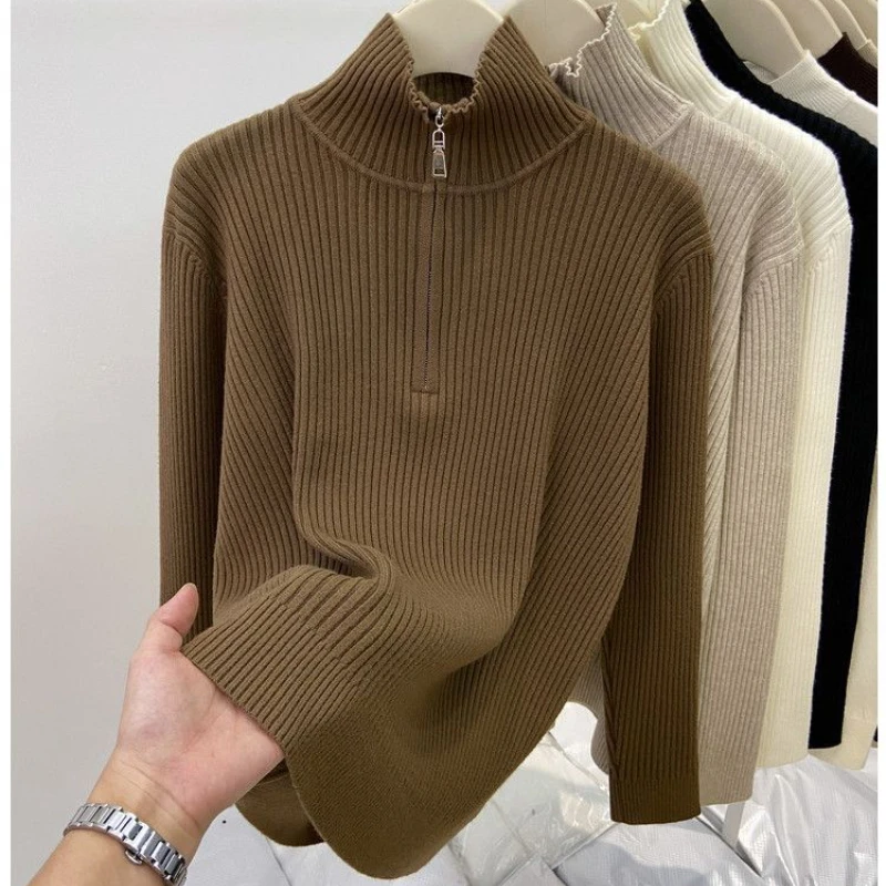 Pull à col polo zippé pour femme, haut en tricot chaud, pull décontracté, manches longues, mode automne et hiver, nouveau, 2024