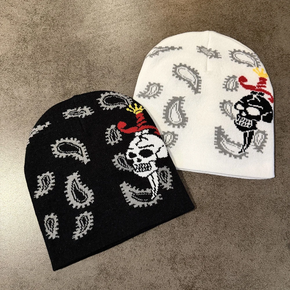 Fashion Retro Quality Graphic Print Skeleton Skullcap 100%Cotton Winter Beanie Casual Cap Stretchable Unisex
