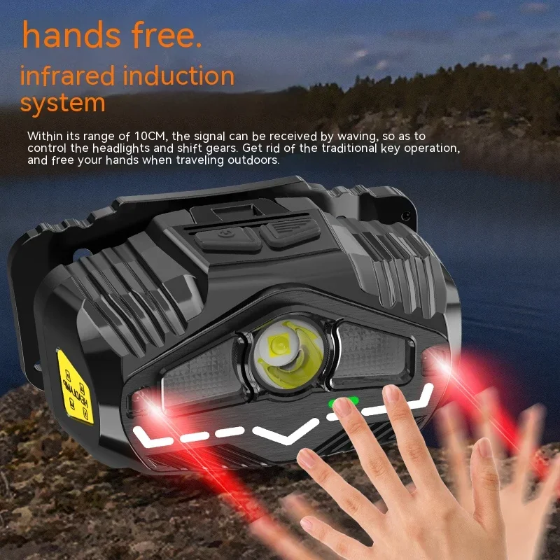 LED Headlamp Flashlight Motion Sensor Head Lamp Built-in Battery Type-c Rechargeable Outdoor Lighting Headlight Fishing Light
