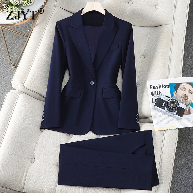 ZJYT Korean Fashion Work Formal Trousers Blazer Suits Women Autumn New 2026 Commuter Jackets and Pants Sets 2 Piece Outfit Blue