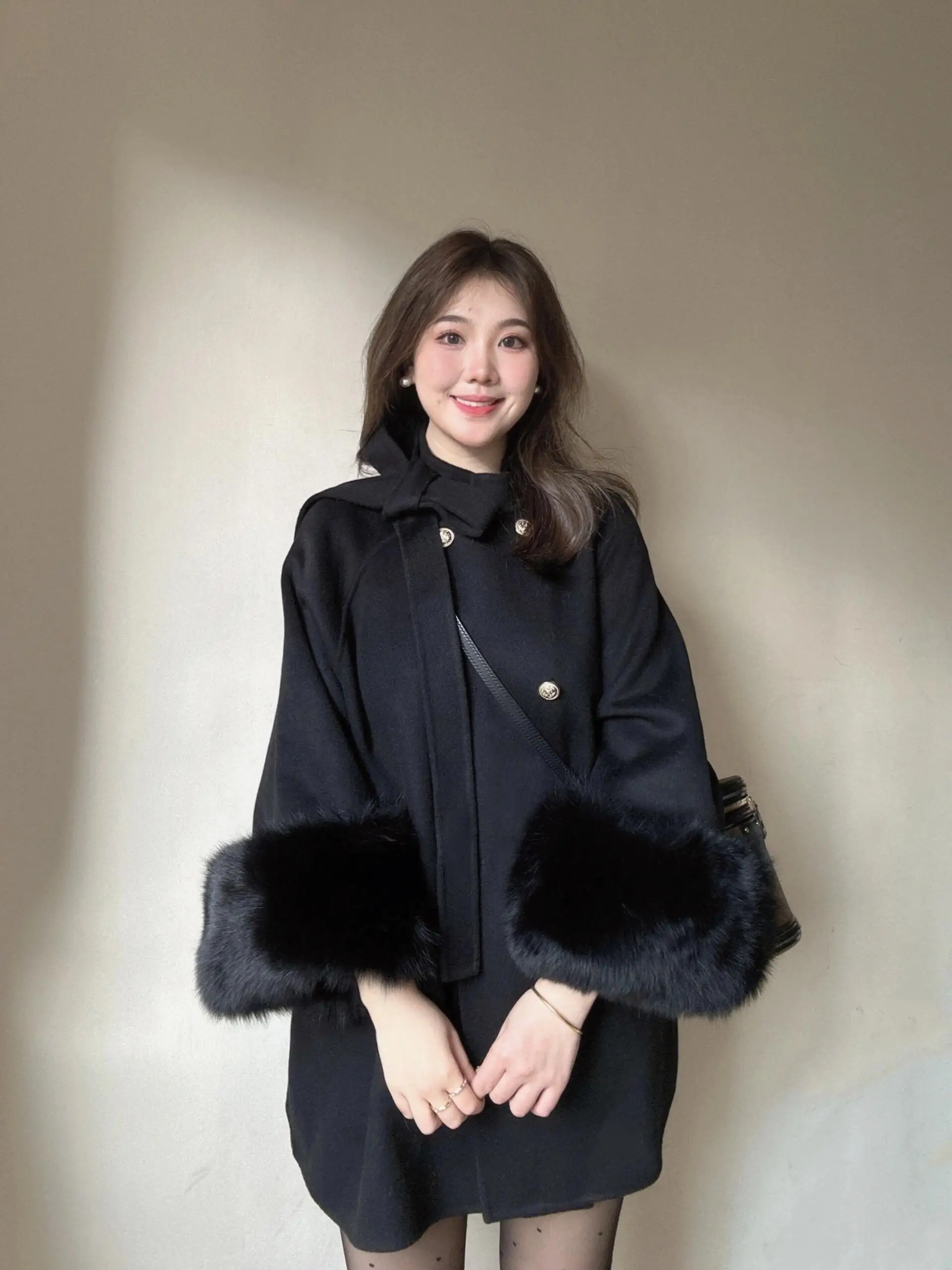Black Mid-Length Woolen Coat Women's Winter plus Size Fashionable Button Detail Korean Style Loose Fit Long Sleeve Coat