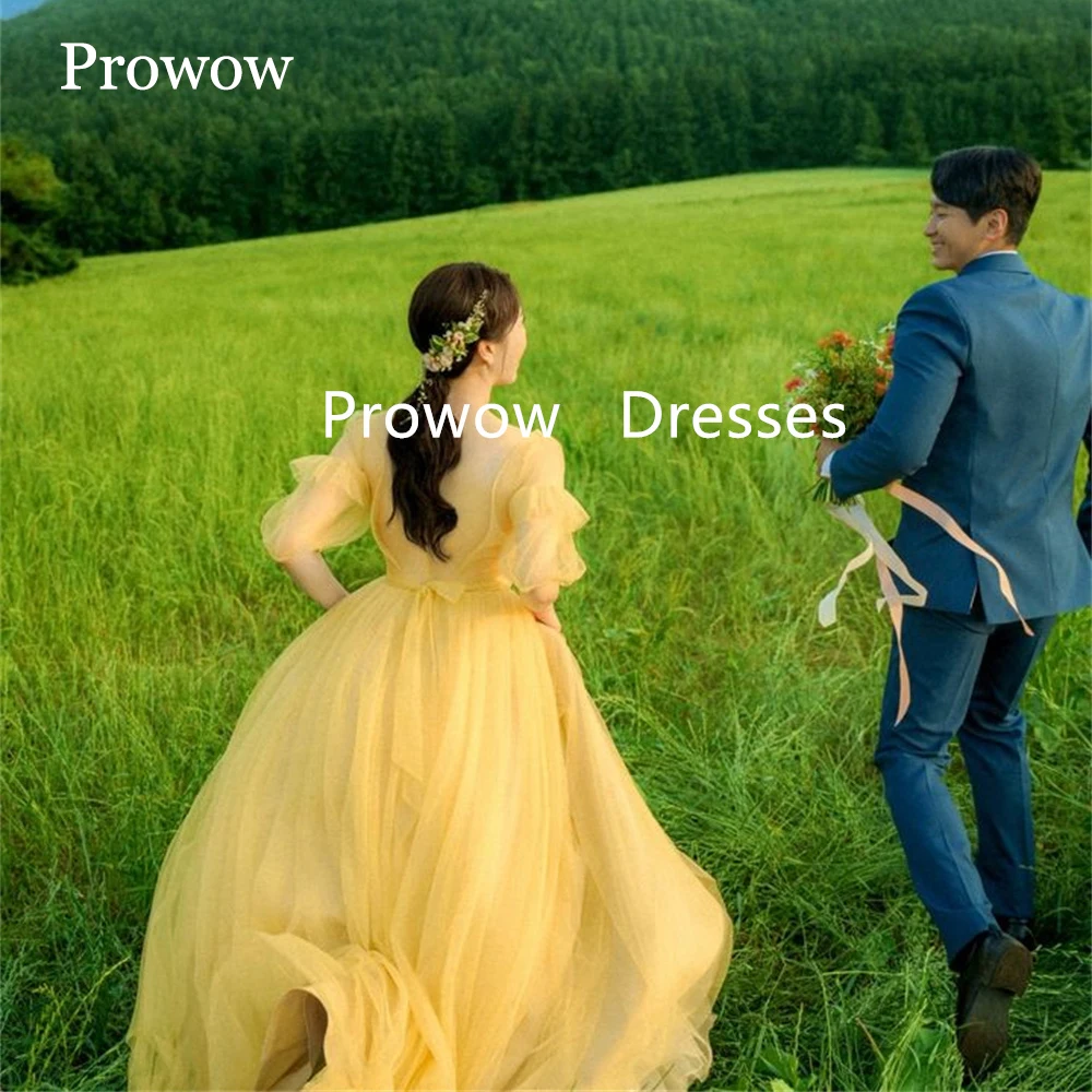 

Prowow Square Collar Yellow Korea Lady Prom Dresses Photo Shoot Tulle Floor Length Garden Evening Gowns Customized 빅사이즈 파티드레스