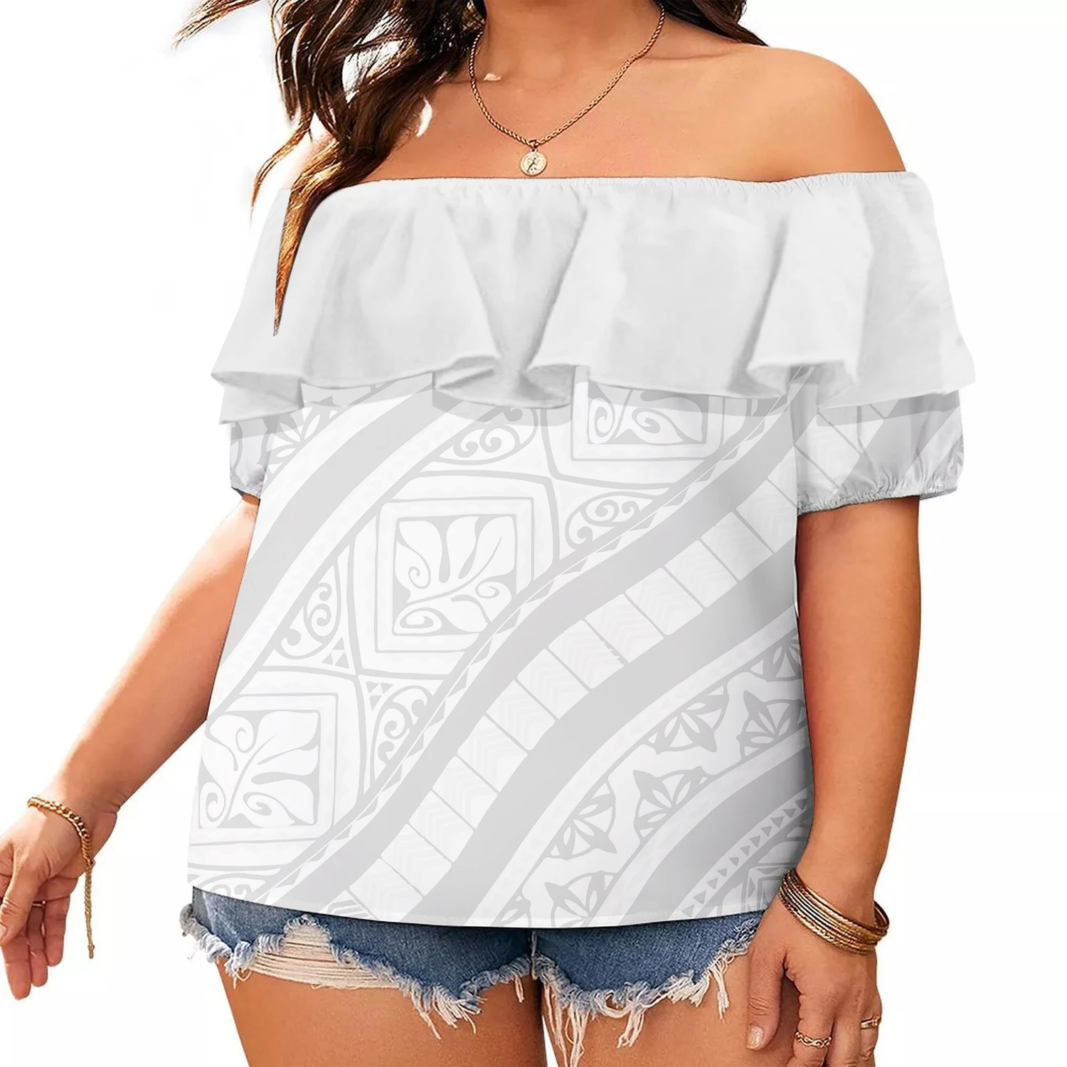 

2022 New Fashion Customize Ladies Half Shoulder Layered Ruffles Blouses Chiffon Shirt White Polynesian Tribal Tops For Women