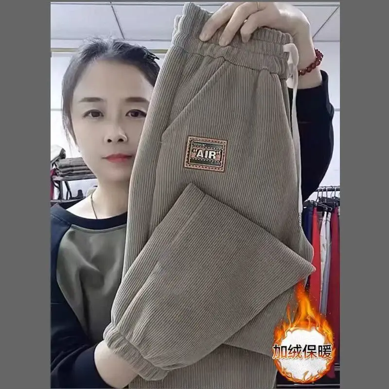 Women Fleece-Lined Corduroy Harem Pants Casual High Waist Lace Up Thickened Velvet Harlan Cuffed Pants Sports Leggings Trousers