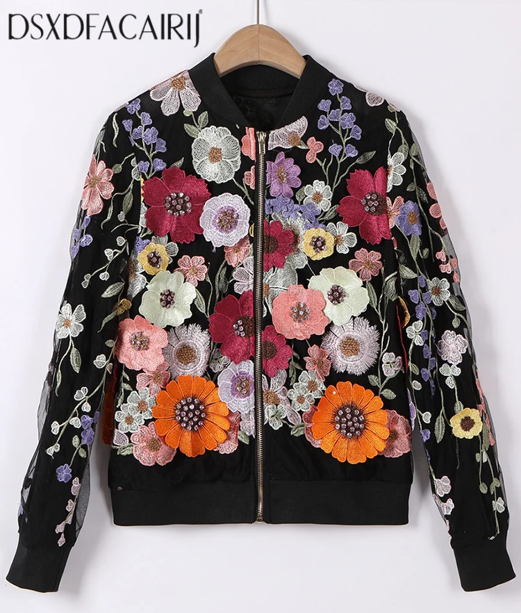 

DSFACAIRIJ Women's O-Neck Jacket with Diamond Flower Embroidery Long Sleeves Fashion for Early Autumn