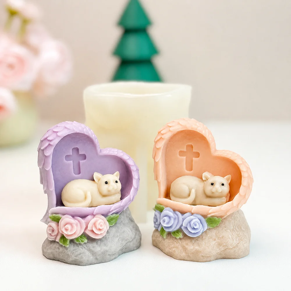 Pet Tombstone Sculpture Mold Rose Flower Kitten Puppy Animal Memorial Stone Gypsum Candle Resin Mold