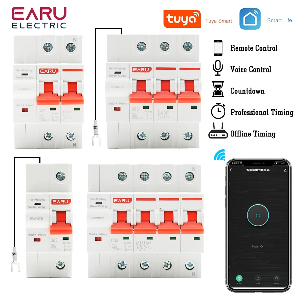 TUYA WIFI Smart Circuit Breaker Timer Voice Remote Control Smart Life Automatic Intelligent Interruptor WIFI Switch 1P 2P 3P 4P