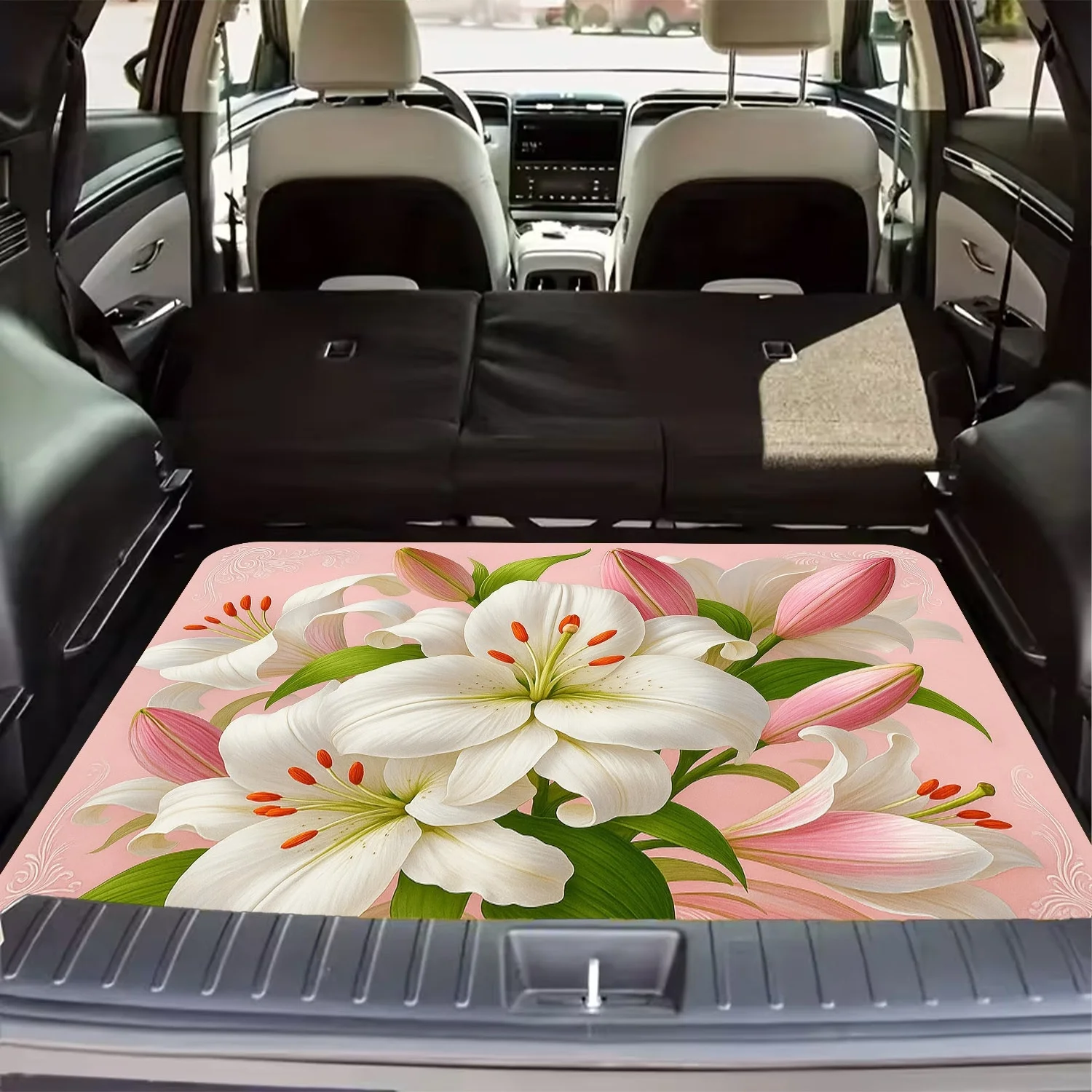 1pc, A Fresh And Elegant Lily Flower Pattern Trunk Mat, An Essential Item For Travel, Compatible With Various Car Models, Enhanc