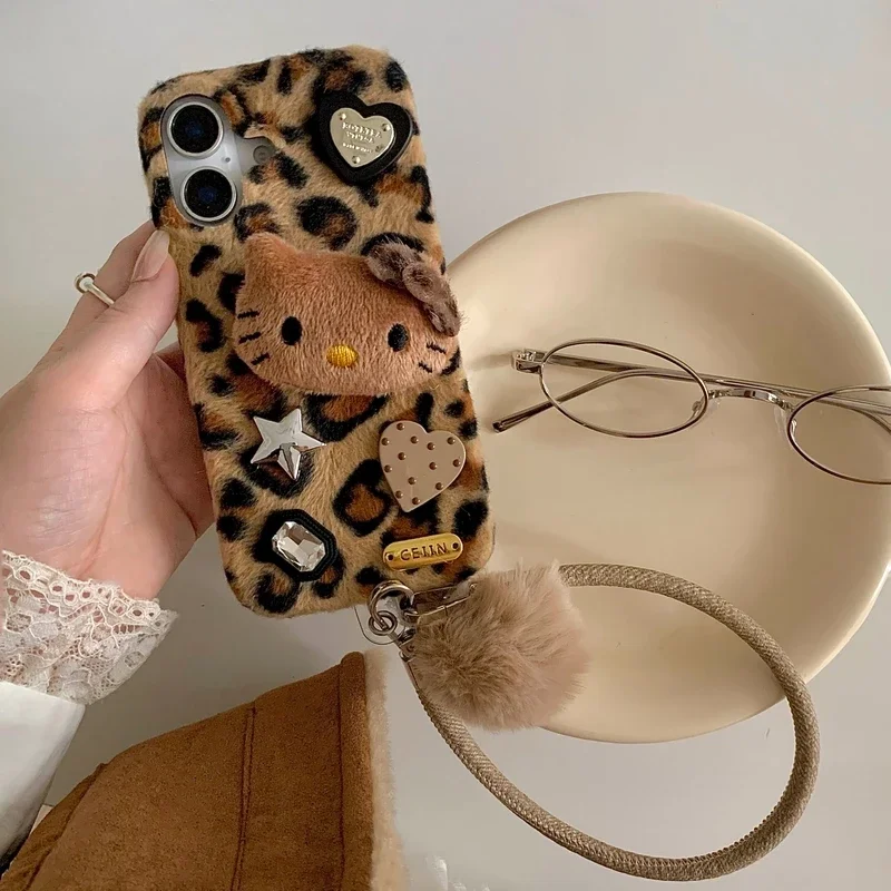 3D Cute Sanrio Y2K Hello Kitty Leopard Print Furry Plush Phone Case For iPhone 16 Pro 15 14 13 12 Pro Max Winter Warm Soft Cover