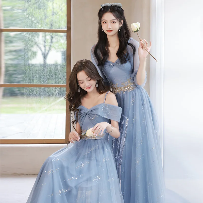 Blau Brautjungfer Kleid Elegante Französisch Abend Gonws 4 Styls Shiny Appliqué Klassische Tüll Hochzeit Gast Kleid 2022