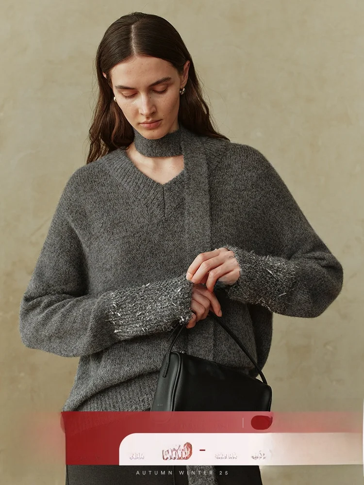 

COOBLOOM Металлический вязаный свитер с V-образным вырезом, свободный крой, длинный рукав, зимний дизайн, модный женский стиль для повседневной носки