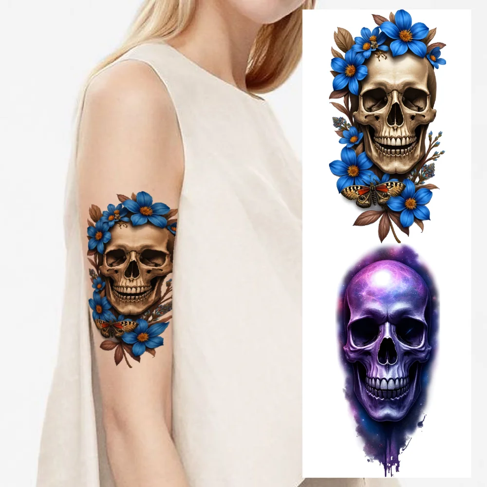 12pcs Temporary Tattoo Butterfly Waterproof Long-lasting Body Stickers Skull Candles Colorful Realism Flowers For Arms Men