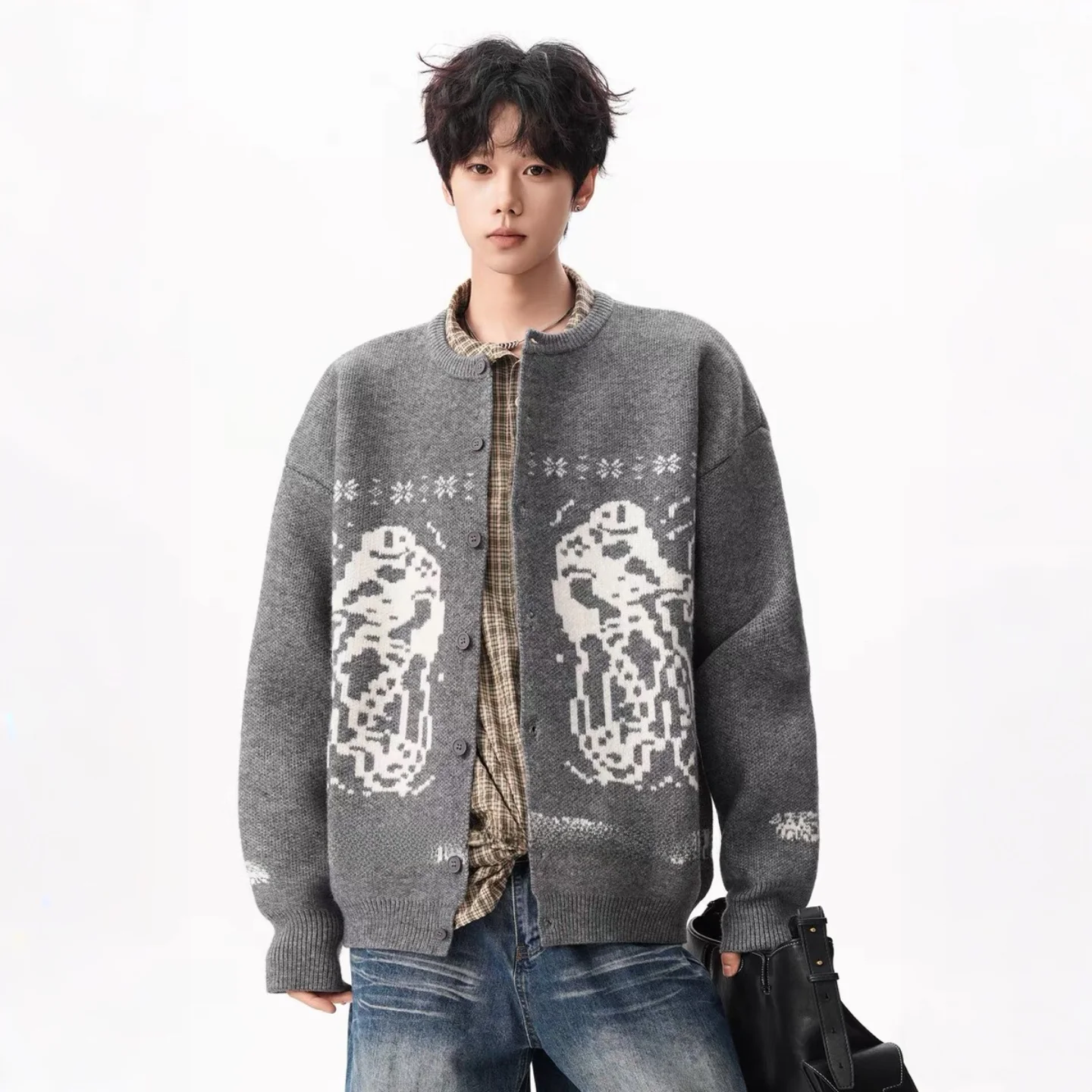 

Американский свободный вязаный кардиган-свитер унисекс, повседневная одежда, универсальный, с цветочным узором, с открытым передом