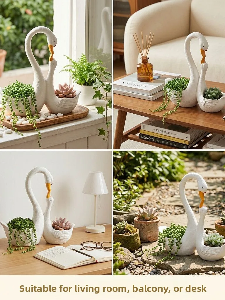 Creative Cute Double Headed Swan Mother And Child Flower Pot for Balcony Outdoor Courtyard Garden Floral Green Plant Decoration