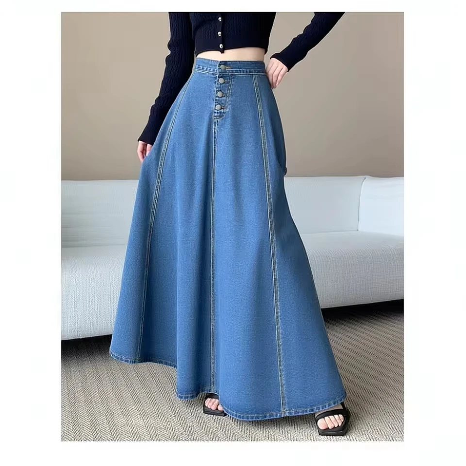 Women Jean Skirt Korean Fashion High Waist Mide Denim No Stretchy Cross-border Long Skirt Spring Autumn A Line Skirt