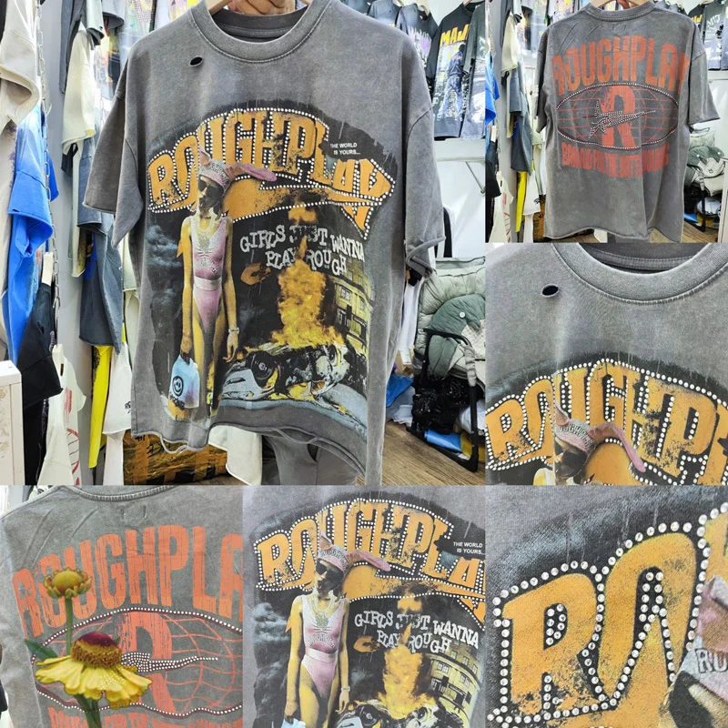 American Retro Water Washed Glitter Studded Distressed Holey Men Rough Play T-shirt Loose Trendy Hip Hop Style High-quality Tops