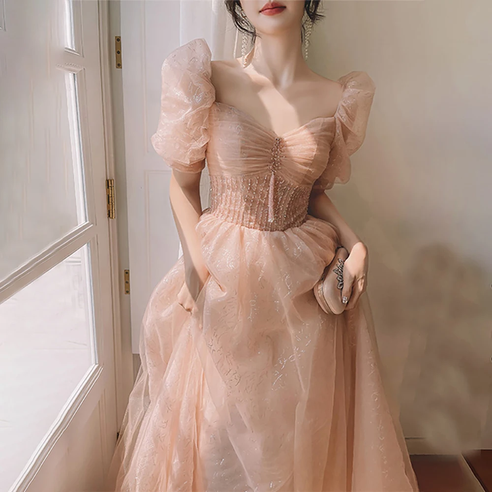 

Women's Shiny Evening Dress Luxury Puff Sleeve Slim Ball Gown Princess Square Collar Long Formal Prom Dresses Quinceanera Dress