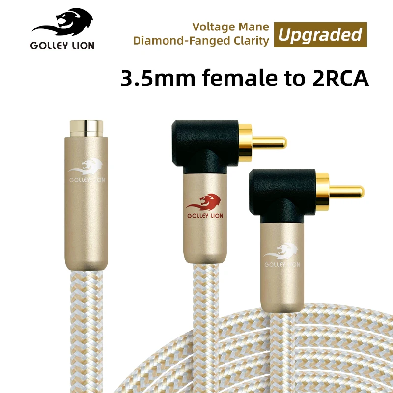 3.5mm Female to 2RCA Cable GOLLEY LION Upgraded Angled Gold-Plated Braided Diamond-Clarity for Speakers/TV