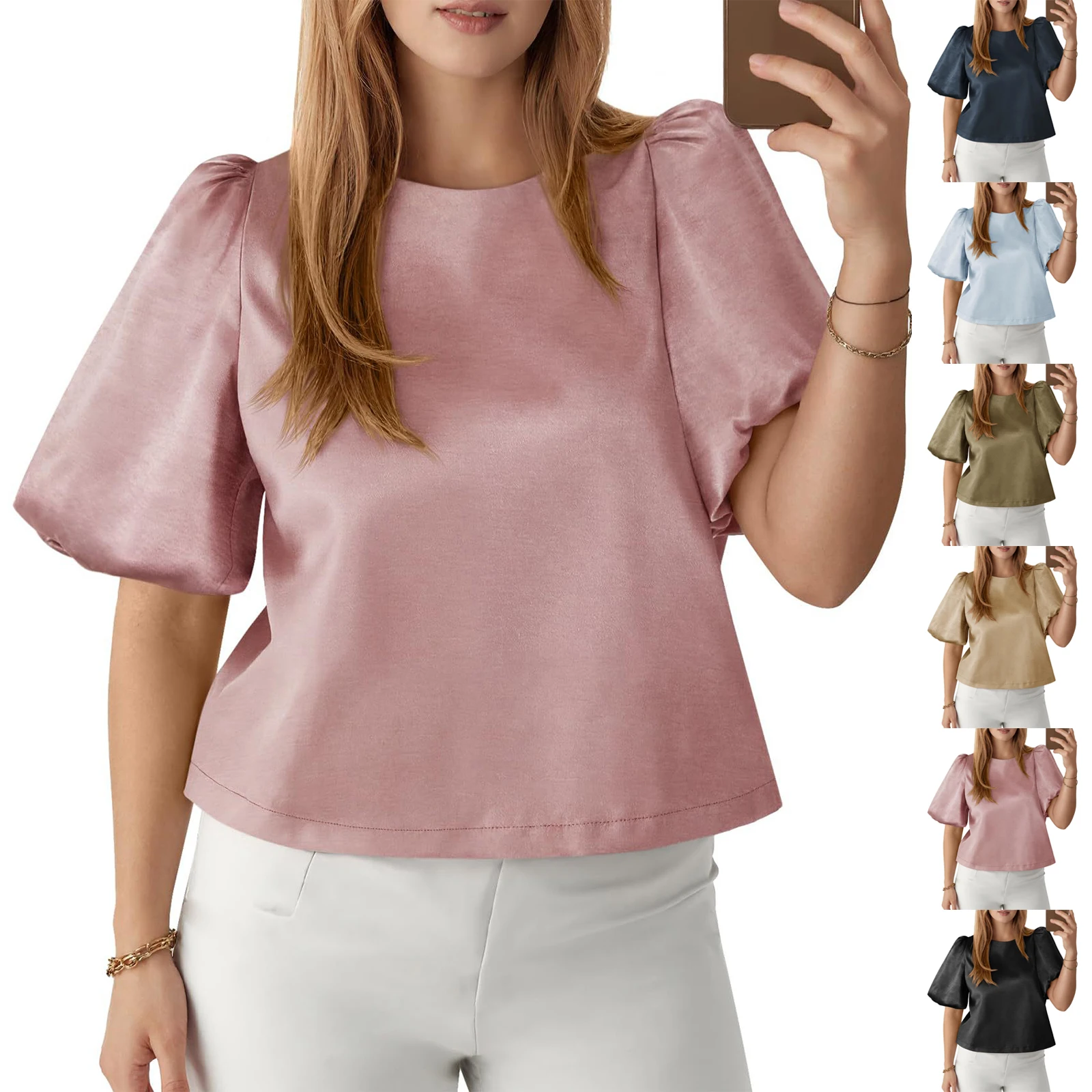 

Women's Fashion Solid Color T-shirt Tops Spring Summer Elegant Round Neck Bubble Pullover Female Solid Color Short Sleeved Blous