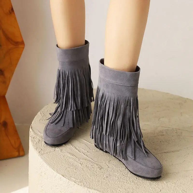 

ORCHA LISA New 2026 Women's Mid Calf Boots Flock Suede Round Toe Wedge Heel Fringe Slip On Big Size 42 43 Daily Dating Style