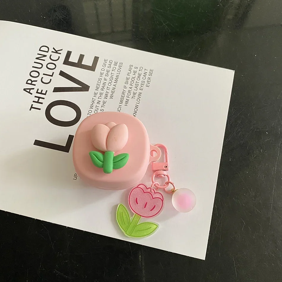 Für Samsung Galaxy Knospen 2 Pro/Knospen Live /buds2 PRO Fall Nette Blume Tulpe Keychain Silikon Kopfhörer Abdeckung zubehör Box