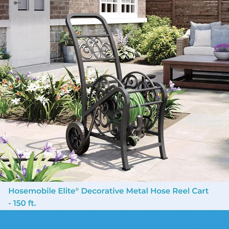 Metal Decorative 150' Hose Cart with Flat-Free Wheels and Foot Caps, Stylish Garden Hose Reel Cart for 150' of Standard Vinyl