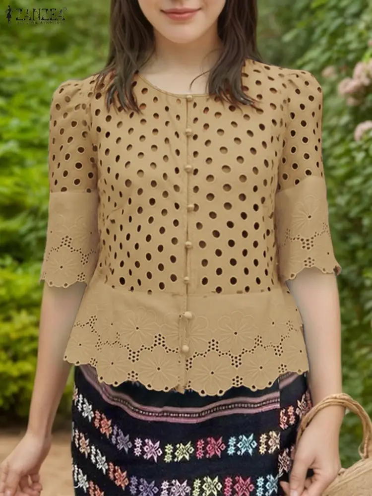 

ZANZEA, стильная женская блузка, 2025 г., элегантная вышитая рубашка с круглым вырезом, лоскутные топы с короткими рукавами, однотонные рабочие Blusas Mujer