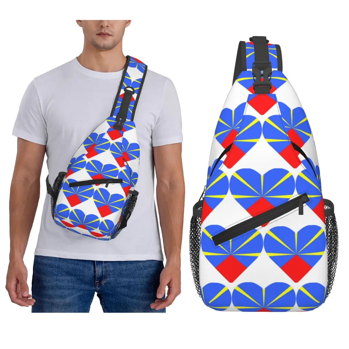 

974 Reunion Island Flag Chest Bag Men Sling Crossbody Backpack Chest Bag Travel Hiking Daypack Shoulder Bag