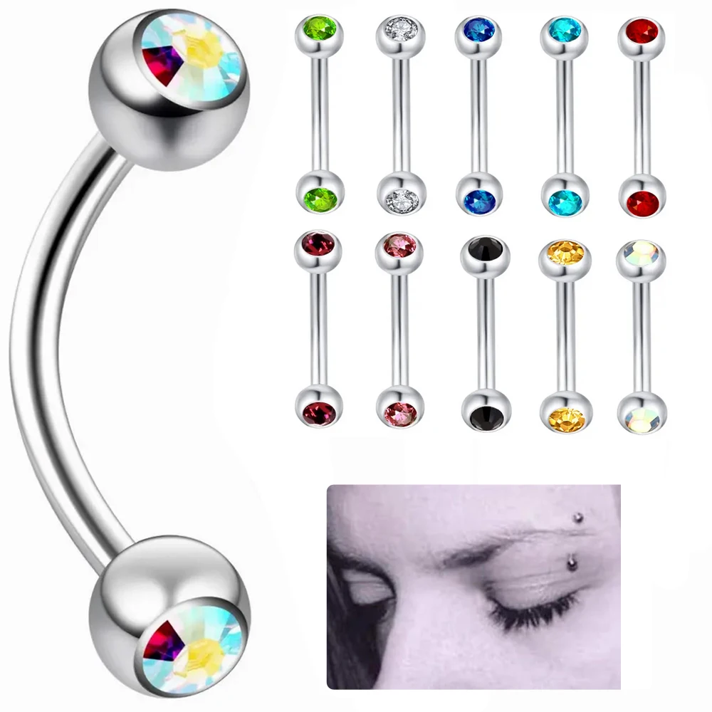 

2X Crystal 3/4/5mm Ball Steel Eyebrow Ring 6mm - 14mm Bar Curved Barbell Ear Tragus Lip Body Piercing Jewellery 16G