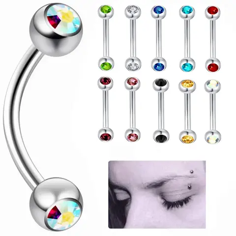 2X Crystal 3/4/5mm Ball Steel Eyebrow Ring 6mm - 14mm Bar Curved Barbell Ear Tragus Lip Body Piercing Jewellery 16G