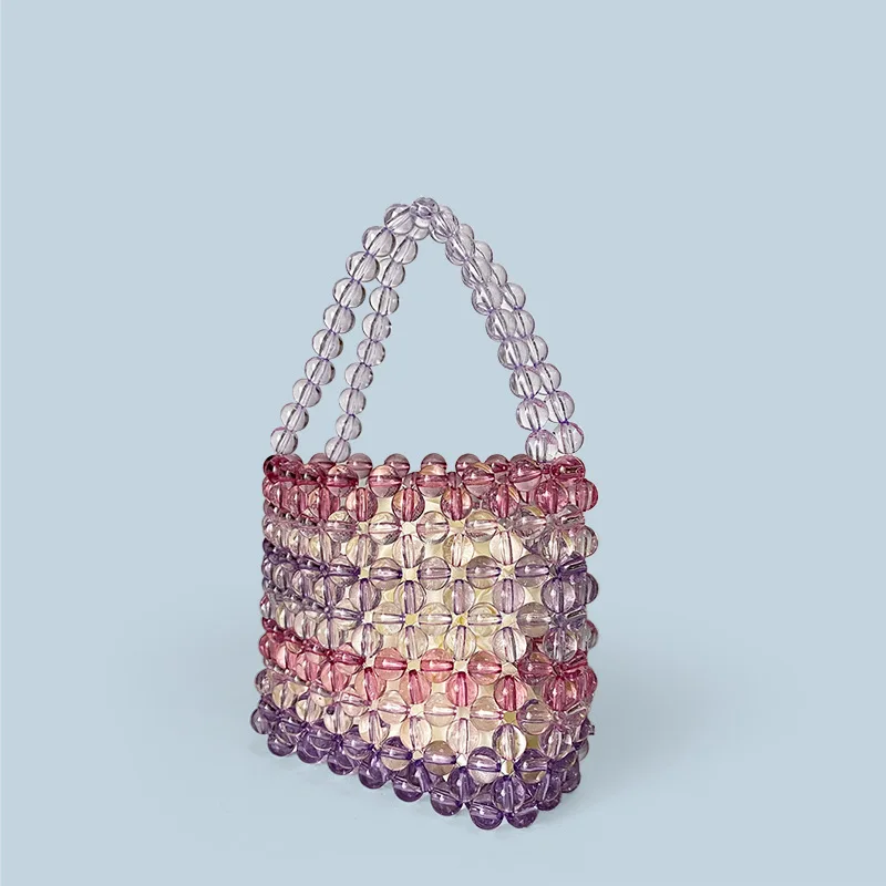 Customizable 2024 New Rainbow Bead Bag Transparent Acrylic Beads Hand Woven Hollow Handbag Mixed Color Ins Design Women's Bags