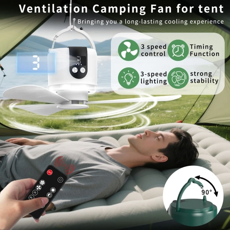  Rechargeable Remote Controlled Tent Fan With 3 Speed Mode And Lighting Functions