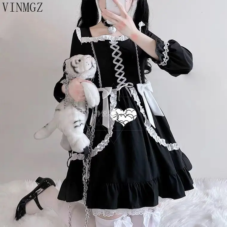 

Dark loli dress cosplay adult costume Lolita lace bow sexy retro little black dress vestido feminino women clothing