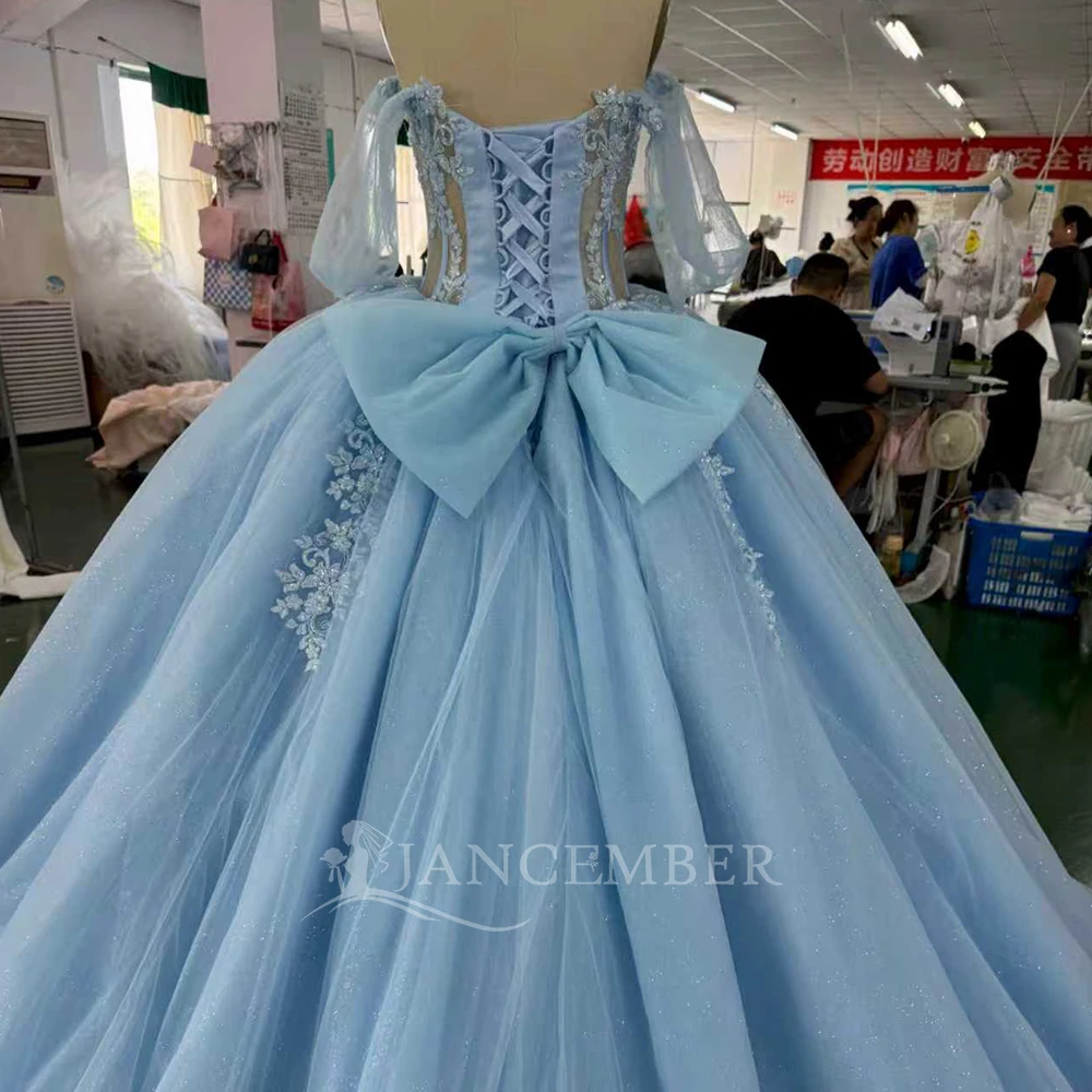 블루 프린세스 볼 가운 킨세아녜라 드레스 반짝이는 스쿱 레이스 생일 파티 맞춤형 우아한 파티 드레스
