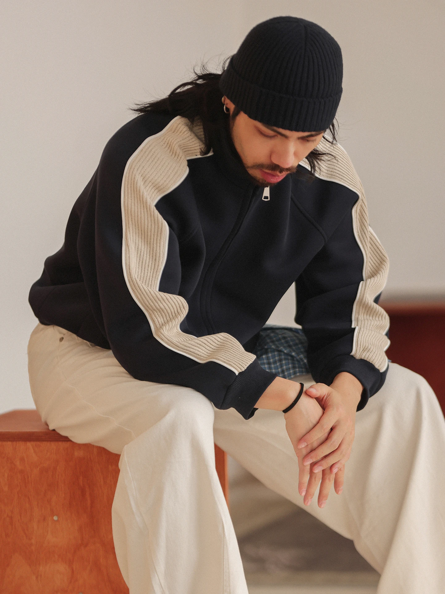 

NOEARS Japanese Sle Vintage Loose Fit Collar Jaet Autumn Stripe Splicing Casual Outerwear Youth Cotton Polyester Blend