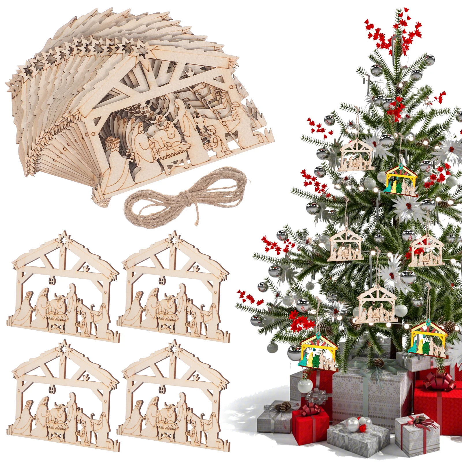 

20Pcs Christmas Nativity Scene Wooden Hanging Ornaments Hollow Xmas Tree Decorations Christian Religious Birth of Jesus