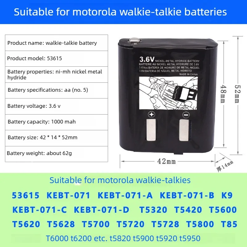 1000mAh 3.6V Replacement Walkie Talkie Battery 53615 Compatible with Motorola K9MC20R MC225 Radio Rechargeable Battery