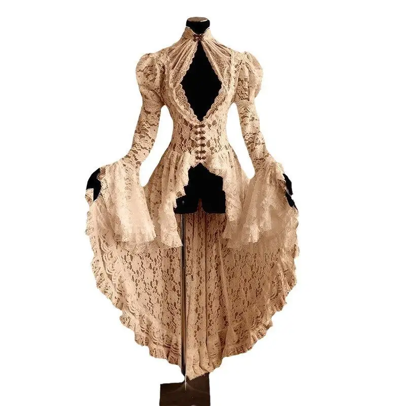 Retro Średniowieczny Dworski Strój z Koronkowymi Haftami, Szata Doktora, Kostium Sceniczny Damski, Elastyczna Talia, Dzwonkowa Spódnica z Nieregularnym Krojem