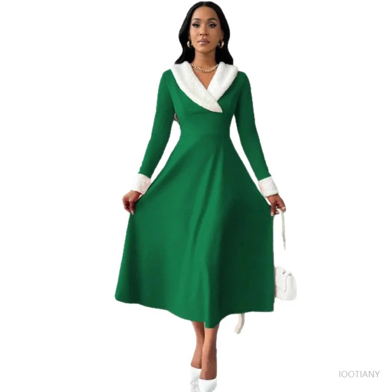 New Year Christmas Dress Women Cosplay Christmas Sexy Costume Long Sleeve V-neck Plush Warm Party Elegant Tunic Swing Gown 2025