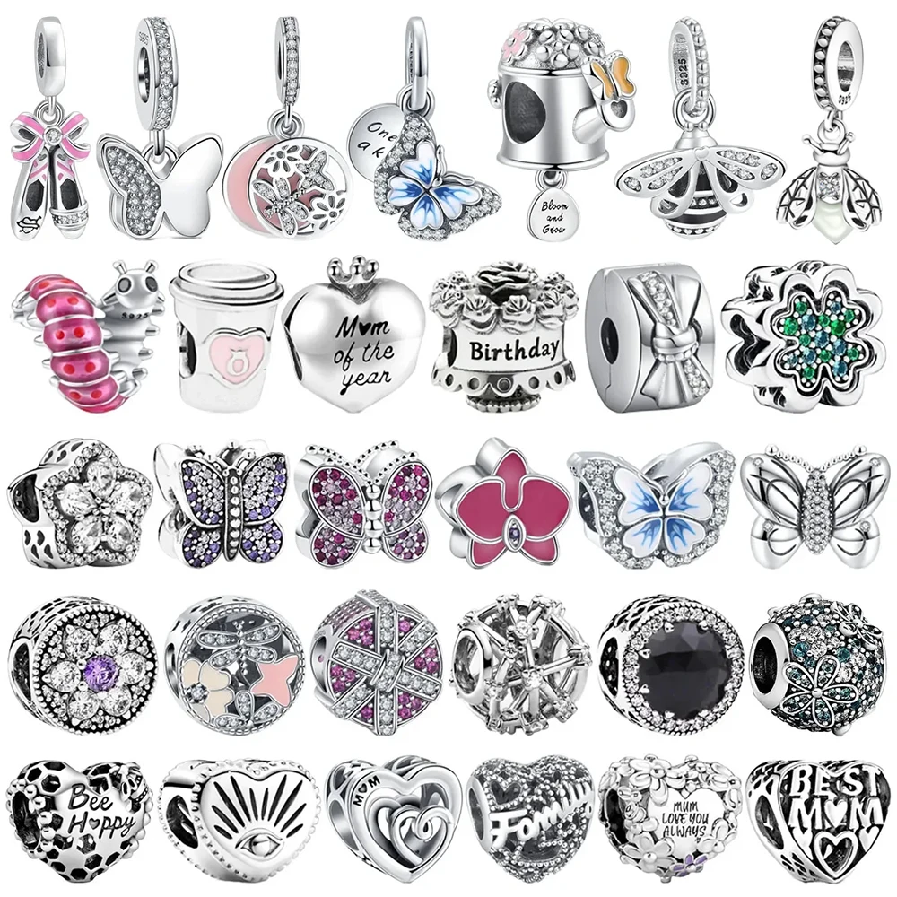 Originale 925 argento placcato madre farfalla animale fiore cuore perline Charms per Pandora braccialetto fai da te regalo gioielli donna