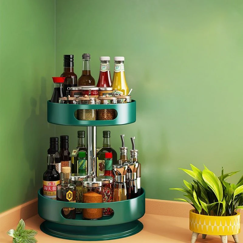 360 degree rotating steel kitchen storage rack round household oil, salt, sauce and vinegar seasoning box shelf