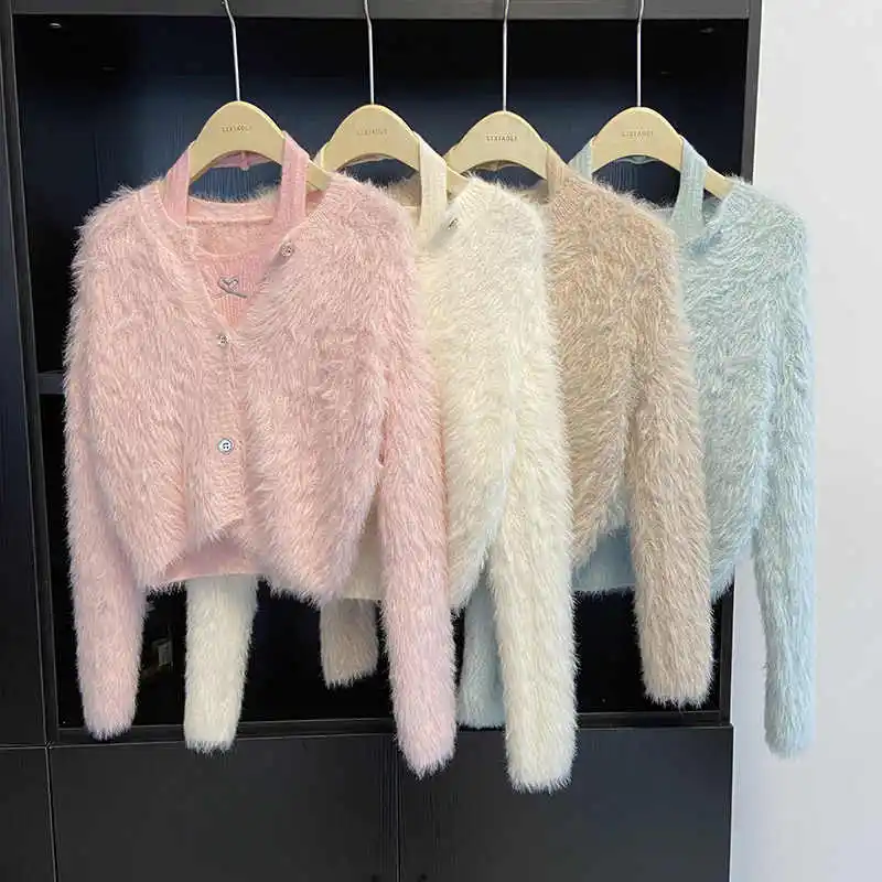 

Single Breasted Long Sleeved Sweater Two-piece Set For Women New Style Autumn Winter Korean Loose O-Neck Imitation Mink Fur Vest